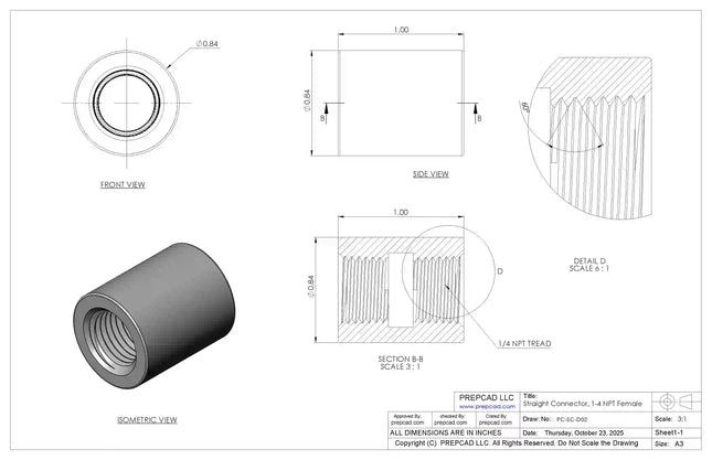 1/4" NPT Female Straight Connector | Download 3D Files (STEP, STL, IGES, DWG)