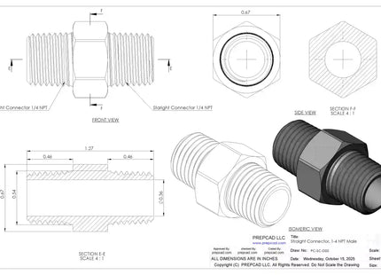 1/4" NPT Male Straight Connector –3D CAD Model (STEP, STL, IGES, DWG, DXF)