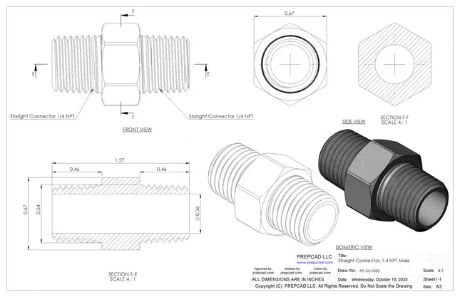 1/4" NPT Male Straight Connector –3D CAD Model (STEP, STL, IGES, DWG, DXF)