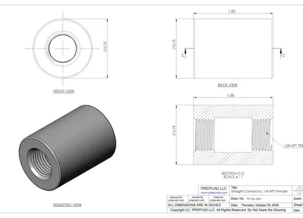 1/8" NPT Female Straight Connector | Download 3D Files (STEP, STL, IGES, DWG)