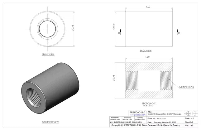 1/8" NPT Female Straight Connector | Download 3D Files (STEP, STL, IGES, DWG)