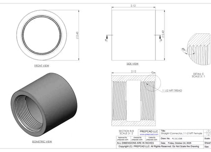 1 1/2" NPT Female Straight Connector | Download 3D Files (STEP, STL, IGES, DWG)