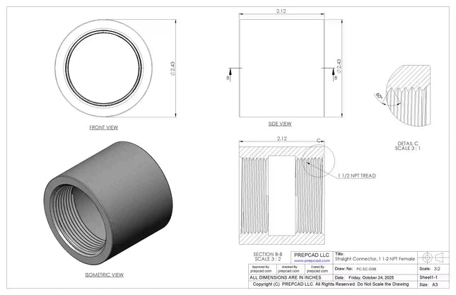 1 1/2" NPT Female Straight Connector | Download 3D Files (STEP, STL, IGES, DWG)
