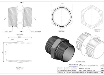 1 1/2" NPT Male Straight Connector –3D CAD Model (STEP, STL, IGES, DWG, DXF)