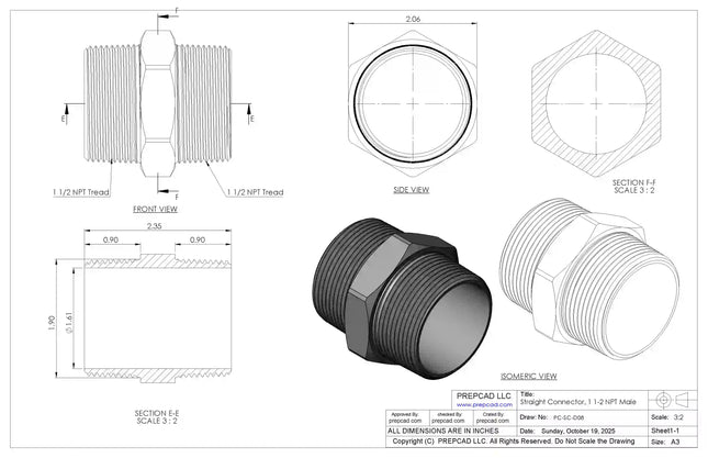 1 1/2" NPT Male Straight Connector –3D CAD Model (STEP, STL, IGES, DWG, DXF)