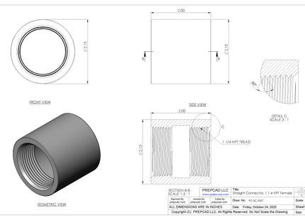 1 1/4" NPT Female Straight Connector | Download 3D Files (STEP, STL, IGES, DWG)
