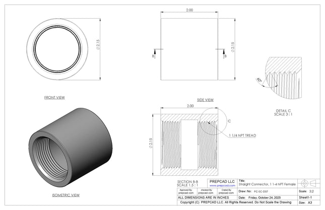 1 1/4" NPT Female Straight Connector | Download 3D Files (STEP, STL, IGES, DWG)