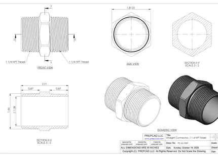 1 1/4" NPT Male Straight Connector –3D CAD Model (STEP, STL, IGES, DWG, DXF)