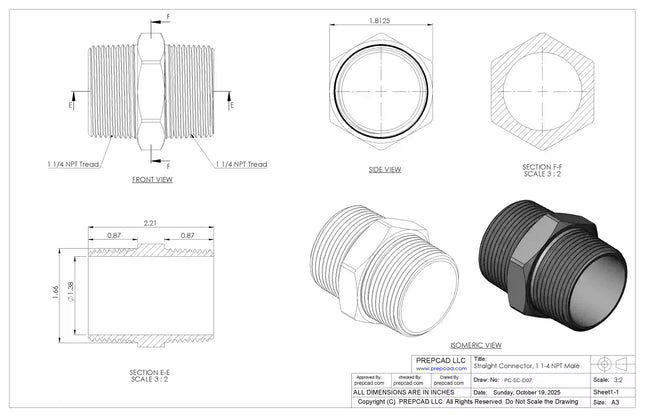 1 1/4" NPT Male Straight Connector –3D CAD Model (STEP, STL, IGES, DWG, DXF)
