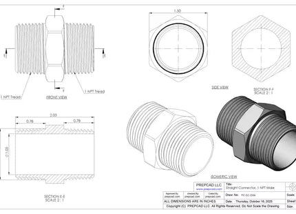 1" NPT Male Straight Connector –3D CAD Model (STEP, STL, IGES, DWG, DXF)