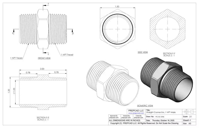 1" NPT Male Straight Connector –3D CAD Model (STEP, STL, IGES, DWG, DXF)