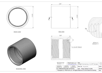 2 1/2" NPT Female Straight Connector | Download 3D Files (STEP, STL, IGES, DWG)