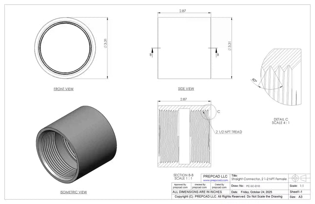 2 1/2" NPT Female Straight Connector | Download 3D Files (STEP, STL, IGES, DWG)