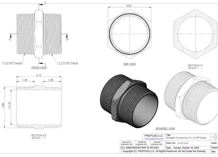 2 1/2" NPT Male Straight Connector –3D CAD Model (STEP, STL, IGES, DWG, DXF)