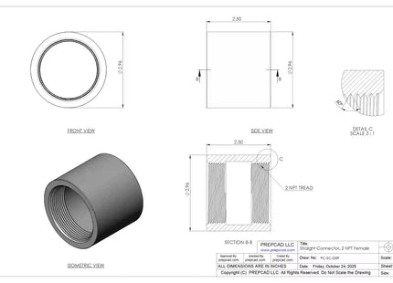 2" NPT Female Straight Connector | Download 3D Files (STEP, STL, IGES, DWG)