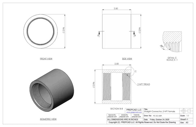 2" NPT Female Straight Connector | Download 3D Files (STEP, STL, IGES, DWG)