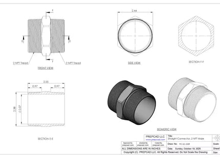 2" NPT Male Straight Connector –3D CAD Model (STEP, STL, IGES, DWG, DXF)