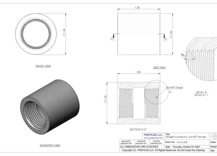 3/4" NPT Female Straight Connector | Download 3D Files (STEP, STL, IGES, DWG)