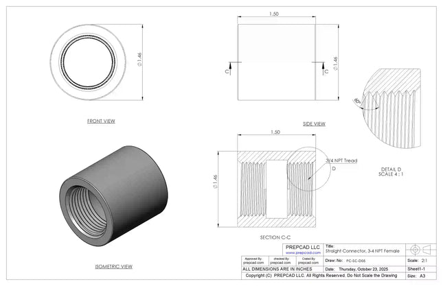 3/4" NPT Female Straight Connector | Download 3D Files (STEP, STL, IGES, DWG)