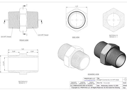 3/4" NPT Male Straight Connector –3D CAD Model (STEP, STL, IGES, DWG, DXF)