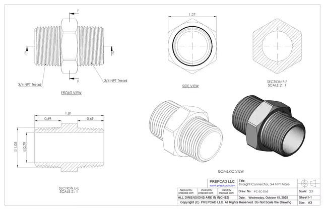 3/4" NPT Male Straight Connector –3D CAD Model (STEP, STL, IGES, DWG, DXF)