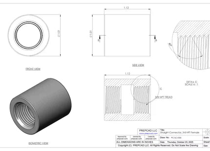 3/8" NPT Female Straight Connector | Download 3D Files (STEP, STL, IGES, DWG)
