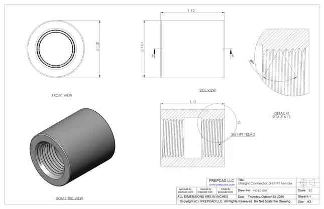 3/8" NPT Female Straight Connector | Download 3D Files (STEP, STL, IGES, DWG)