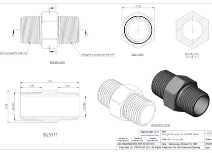 3/8" NPT Male Straight Connector –3D CAD Model (STEP, STL, IGES, DWG, DXF)