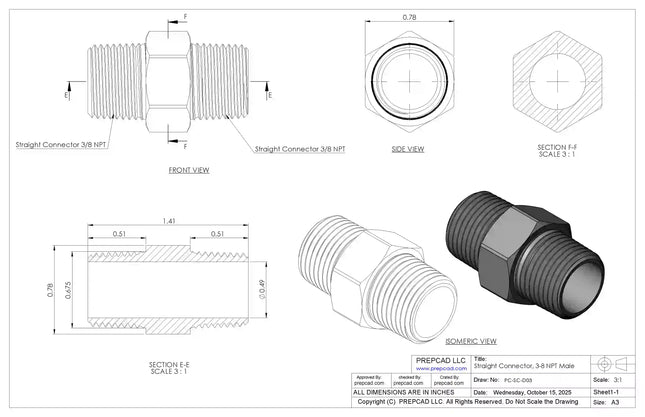 3/8" NPT Male Straight Connector –3D CAD Model (STEP, STL, IGES, DWG, DXF)