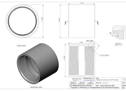 3" NPT Female Straight Connector | Download 3D Files (STEP, STL, IGES, DWG)