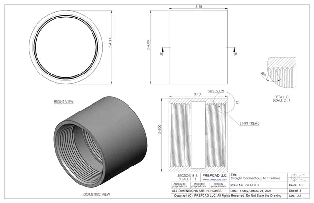 3" NPT Female Straight Connector | Download 3D Files (STEP, STL, IGES, DWG)