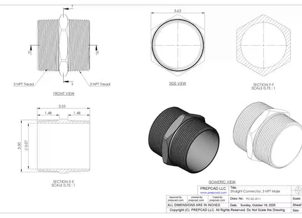 3" NPT Male Straight Connector –3D CAD Model (STEP, STL, IGES, DWG, DXF)