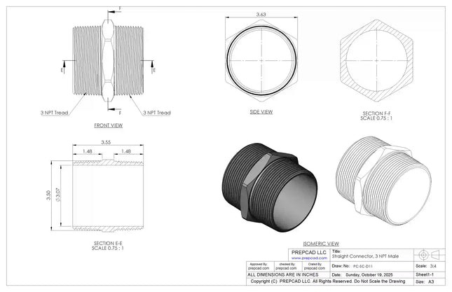 3" NPT Male Straight Connector –3D CAD Model (STEP, STL, IGES, DWG, DXF)