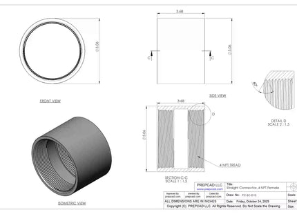 4" NPT Female Straight Connector | Download 3D Files (STEP, STL, IGES, DWG)