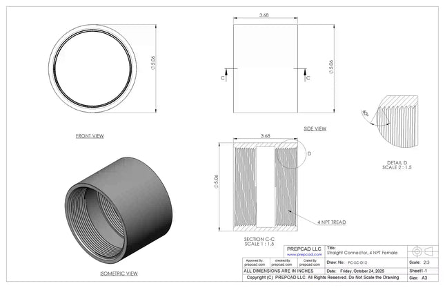 4" NPT Female Straight Connector | Download 3D Files (STEP, STL, IGES, DWG)