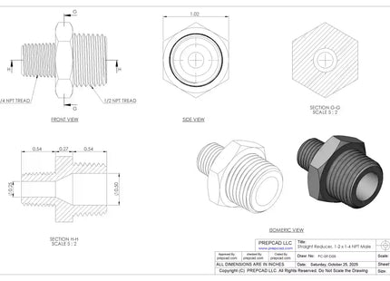 Straight Reducer 1/2″ x 1/4″ NPT Male – 3D CAD Model Download (STEP, IGES, STL, DWG, DXF)