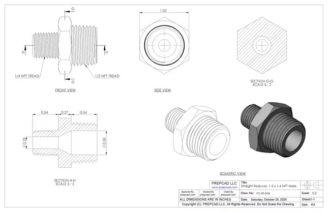 Straight Reducer 1/2″ x 1/4″ NPT Male – 3D CAD Model Download (STEP, IGES, STL, DWG, DXF)