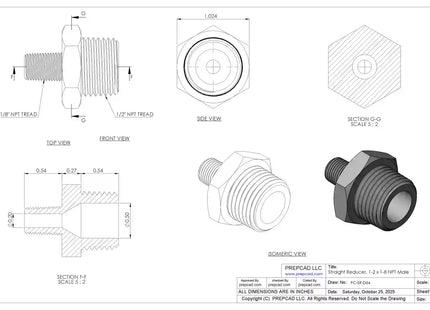 Straight Reducer 1/2″ x 1/8″ NPT Male – 3D CAD Model Download (STEP, IGES, STL, DWG, DXF)