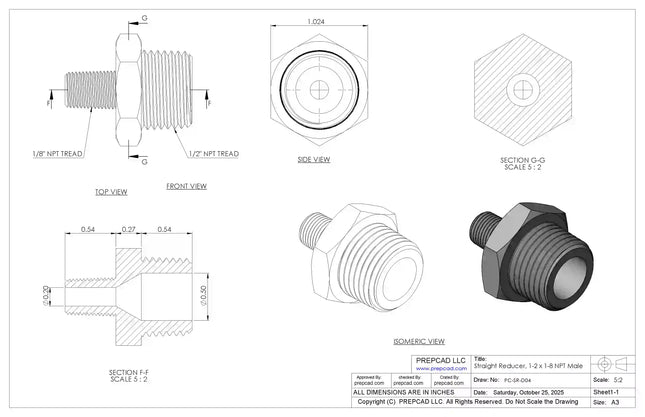 Straight Reducer 1/2″ x 1/8″ NPT Male – 3D CAD Model Download (STEP, IGES, STL, DWG, DXF)