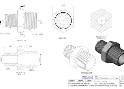 Straight Reducer 1/2″ x 3/8″ NPT Male – 3D CAD Model Download (STEP, IGES, STL, DWG, DXF)
