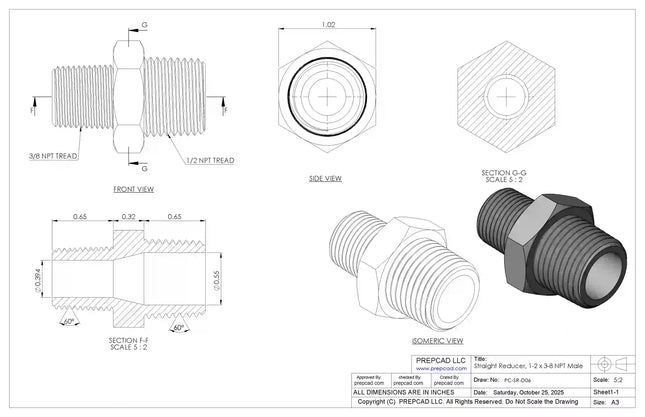 Straight Reducer 1/2″ x 3/8″ NPT Male – 3D CAD Model Download (STEP, IGES, STL, DWG, DXF)