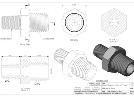 Straight Reducer 1/4″ x 1/8″ NPT Male – 3D CAD Model Download (STEP, IGES, STL, DWG, DXF)