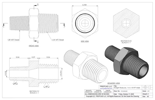 Straight Reducer 1/4″ x 1/8″ NPT Male – 3D CAD Model Download (STEP, IGES, STL, DWG, DXF)