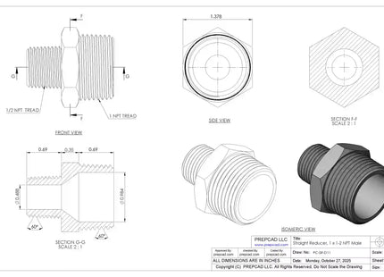 Straight Reducer 1″ x 1/2″ NPT Male – 3D CAD Model Download (STEP, IGES, STL, DWG, DXF)