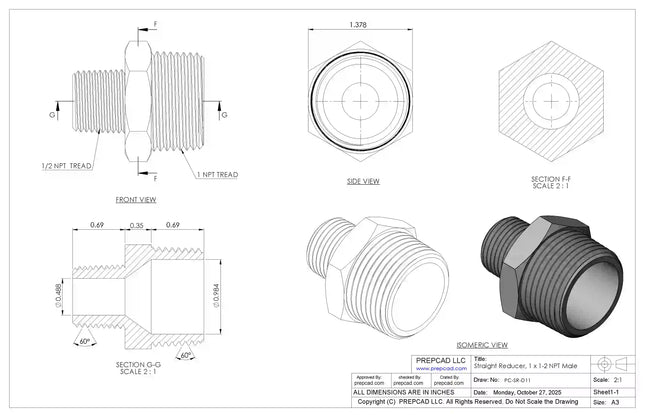 Straight Reducer 1″ x 1/2″ NPT Male – 3D CAD Model Download (STEP, IGES, STL, DWG, DXF)