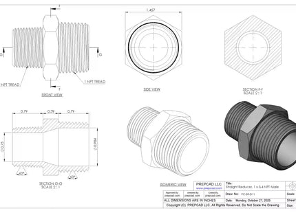 Straight Reducer 1″ x 3/4″ NPT Male – 3D CAD Model Download (STEP, IGES, STL, DWG, DXF)