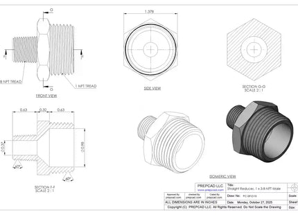 Straight Reducer 1″ x 3/8″ NPT Male – 3D CAD Model Download (STEP, IGES, STL, DWG, DXF)