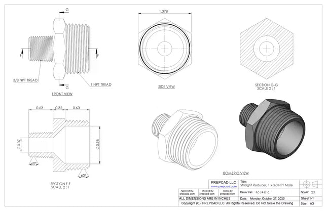 Straight Reducer 1″ x 3/8″ NPT Male – 3D CAD Model Download (STEP, IGES, STL, DWG, DXF)