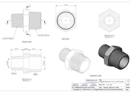 Straight Reducer 3/4″ x 1/2″ NPT Male – 3D CAD Model Download (STEP, IGES, STL, DWG, DXF)
