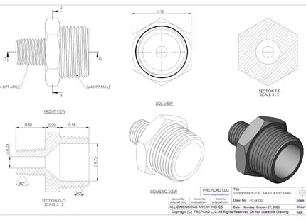 Straight Reducer 3/4″ x 1/4″ NPT Male – 3D CAD Model Download (STEP, IGES, STL, DWG, DXF)